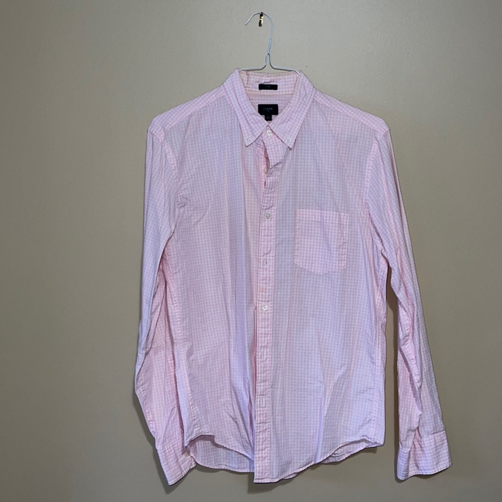 Large, J Crew, pink and white checkered cotton button down